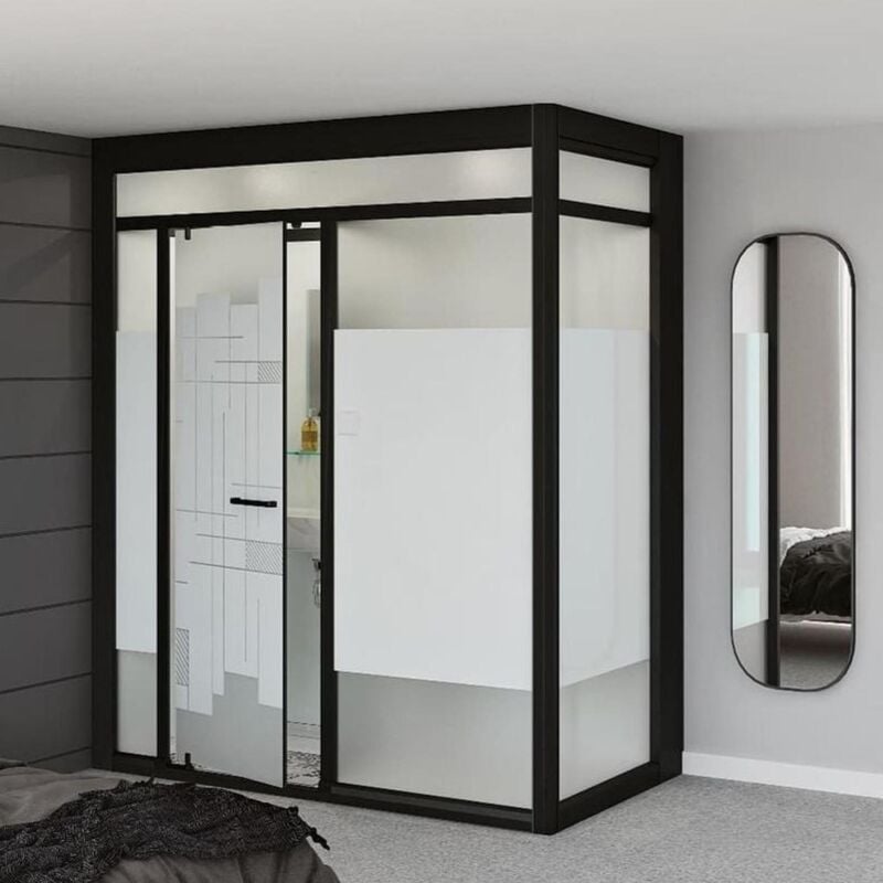 Salle de bain d'angle KINEDO MODULO Luxe 200x100 haute douche à droite, meuble vasque, WC (avec broyeur) sèche serviettes à gauche noir verre blanc