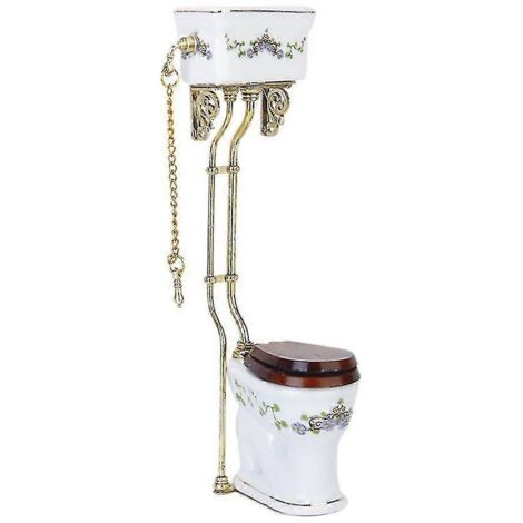 Salle de bain miniature de style victorien vintage, toilettes en porcelaine, blanc et or, pour maison de poupée.