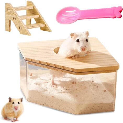 salle de bain pour hamster en acrylique transparent avec couvercle bois, échelle et pelle