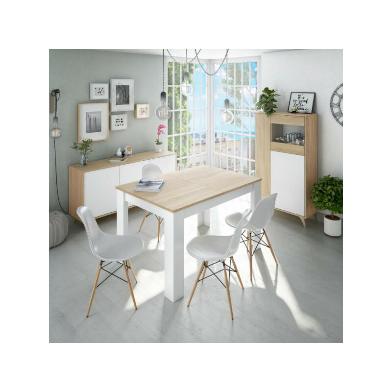 TMM - Salle à manger complète Blanc/Chêne - sag - Table : l 140/190 x l 90 x h 78 cm Buffet : l 154 x l 40 x h 75 cm Vaisselier : l 77 x l 33 x h 142