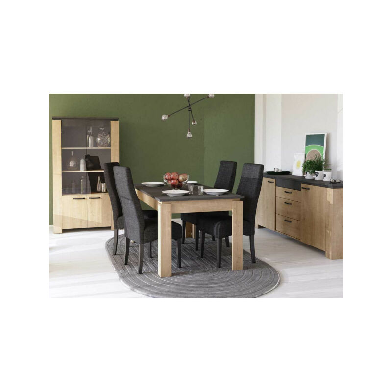 TMM - Salle à manger complète Chêne et Béton - stinau - Table de repas : l 170 x l 90 x h 77 cm Buffet : l 204 x l 42 x h 88 cm Vitrine : l 98 x l 42
