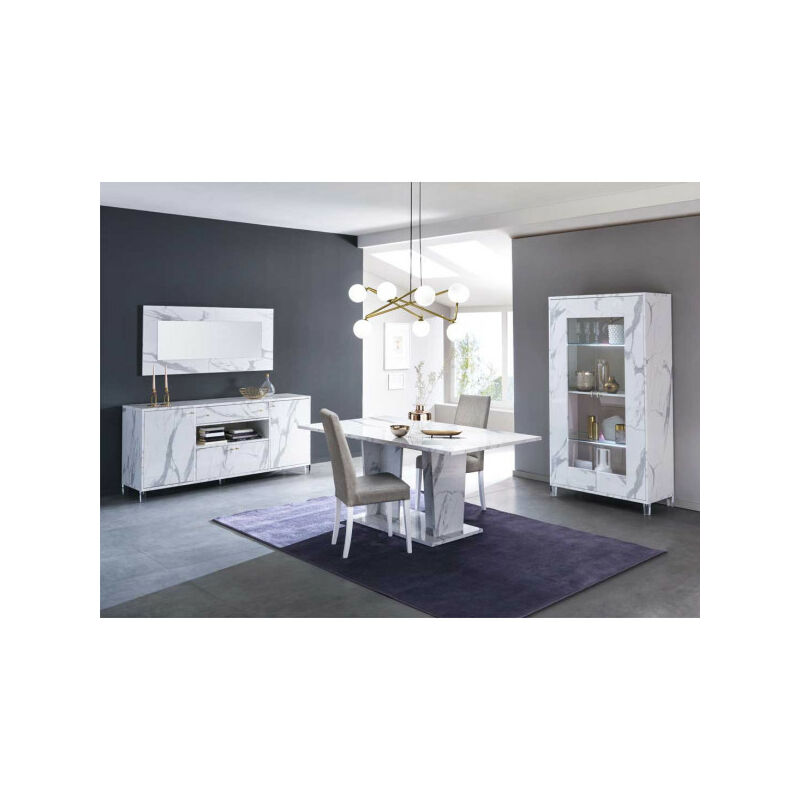 TMM - Salle à manger complète marbre blanc brillant - carrare - Table de repas : l 180/225 x l 100 x h 76 cm Buffet : l 190 x l 47 x h 81 cm Vitrine