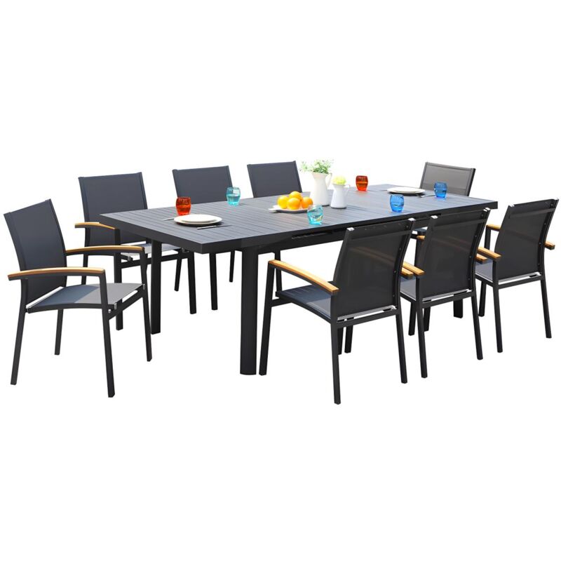 Vente-unique - Salle à manger de jardin en aluminium : une table extensible L.180/240cm et 8 fauteuils empilables avec accoudoirs acacia - Anthracite