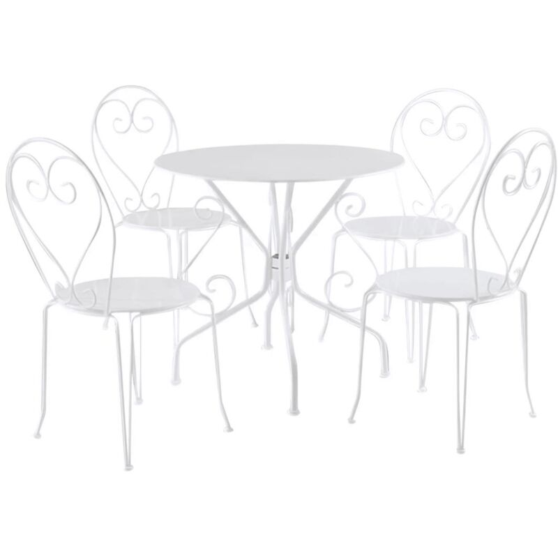 Salle à manger de jardin en métal façon fer forgé : une table et 4 chaises empilables - Blanc - GUERMANTES de MYLIA
