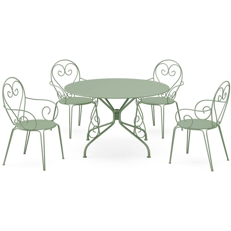 Salle à manger de jardin en métal façon fer forgé : une table D.120cm et 4 fauteuils empilables - Vert amande - GUERMANTES de MYLIA