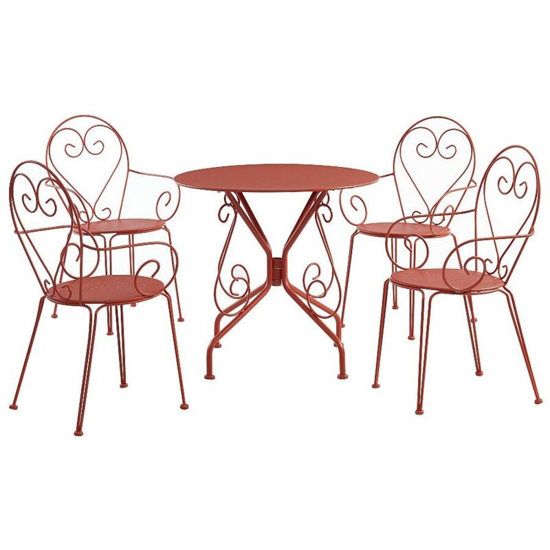 Salle à manger de jardin en métal façon fer forgé: une table et 4 fauteuils empilables - Terracotta - GUERMANTES de MYLIA