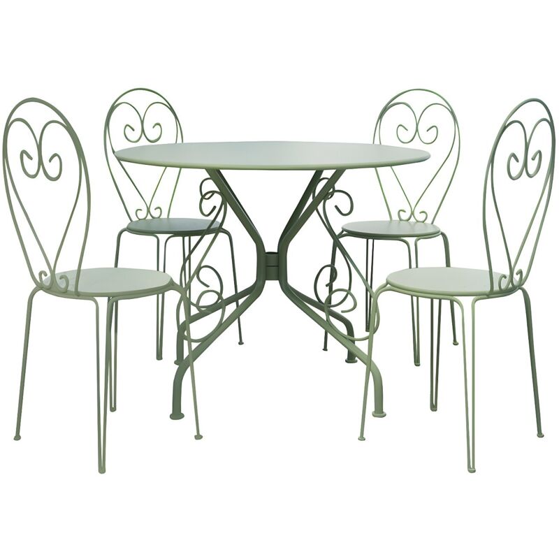 Salle à manger de jardin en métal façon fer forgé : une table D.120cm et 4 chaises empilables - Vert amande - GUERMANTES de MYLIA