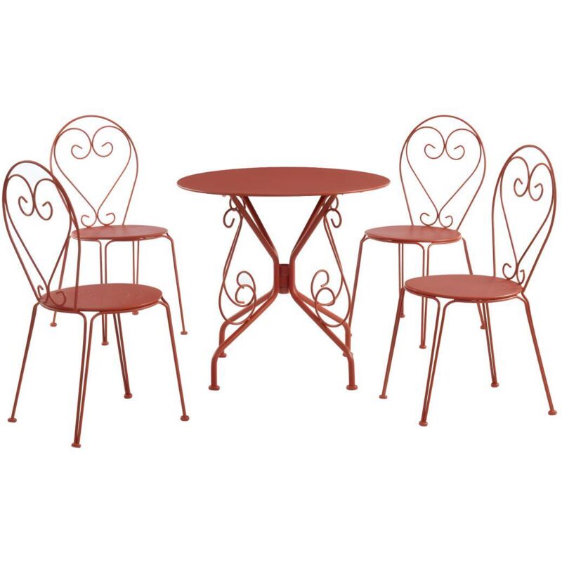 Salle à manger de jardin en métal façon fer forgé : une table et 4 chaises empilables - Terracotta - GUERMANTES de MYLIA