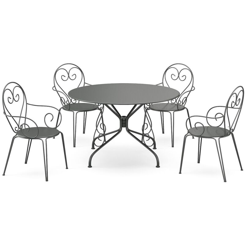 Salle à manger de jardin en métal façon fer forgé : une table D.120cm et 4 fauteuils empilables - Anthracite - GUERMANTES de MYLIA