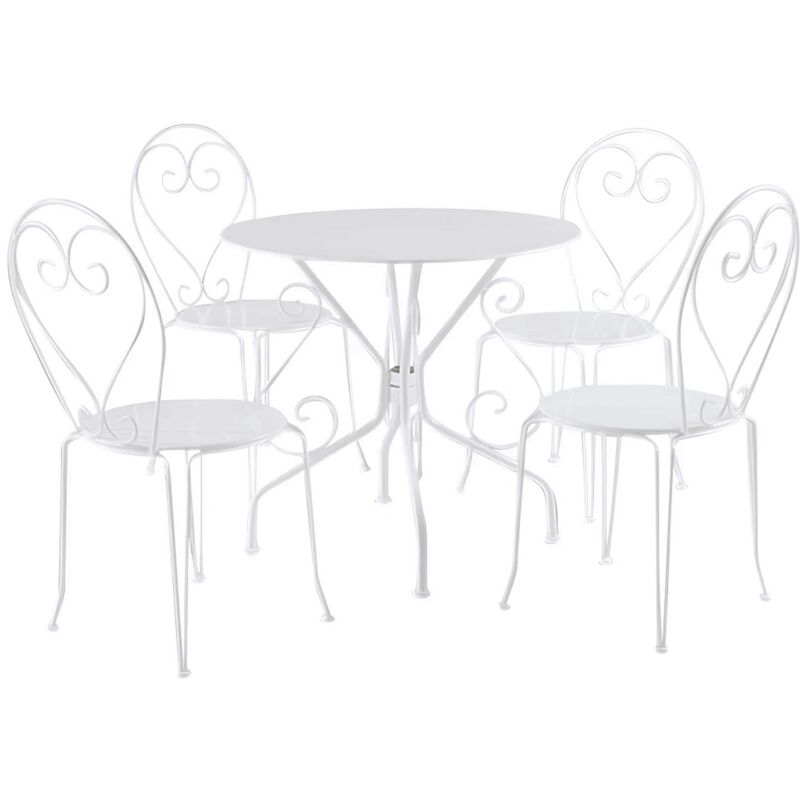 Salle à manger de jardin en métal façon fer forgé : une table et 4 chaises empilables - Blanc - GUERMANTES de MYLIA