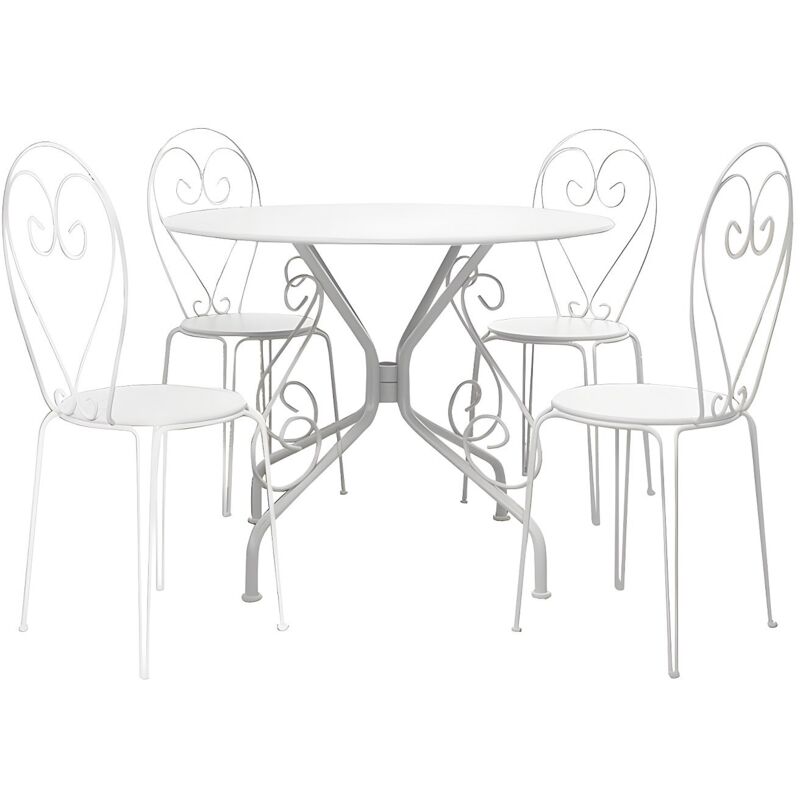 Salle à manger de jardin en métal façon fer forgé : une table D.120cm et 4 chaises empilables - Blanc - GUERMANTES de MYLIA