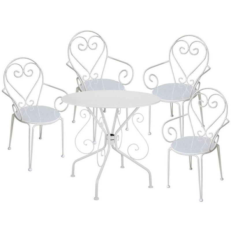 Salle à manger de jardin en métal façon fer forgé : une table et 4 fauteuils empilables blancs - GUERMANTES de MYLIA