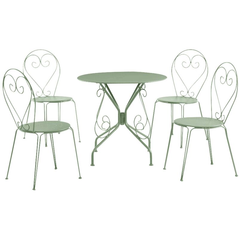Salle à manger de jardin en métal façon fer forgé : une table et 4 chaises empilables - Vert amande - GUERMANTES de MYLIA
