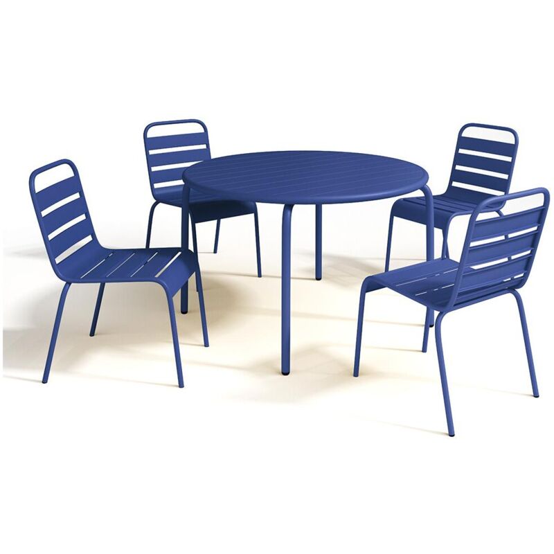 Vente-unique - Salle à manger de jardin en métal - une table D.110 cm et 4 chaises empilables - Bleu nuit - mirmande de mylia