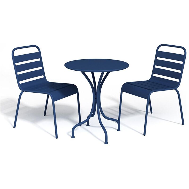 Salle à manger de jardin en métal - une table D.60cm et 2 chaises empilables - Bleu nuit - MIRMANDE de MYLIA