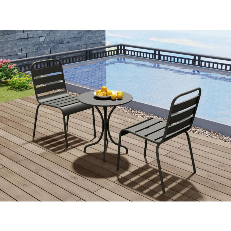 Vente-unique - Salle à manger de jardin en métal - une table D.60cm et 2 chaises empilables - Gris anthracite - mirmande de mylia
