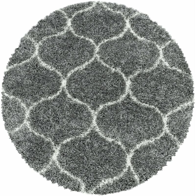 Tapis Rond Shaggy Poils Longs Motifs Alhambra SALMA (Gris - 200x200cm)