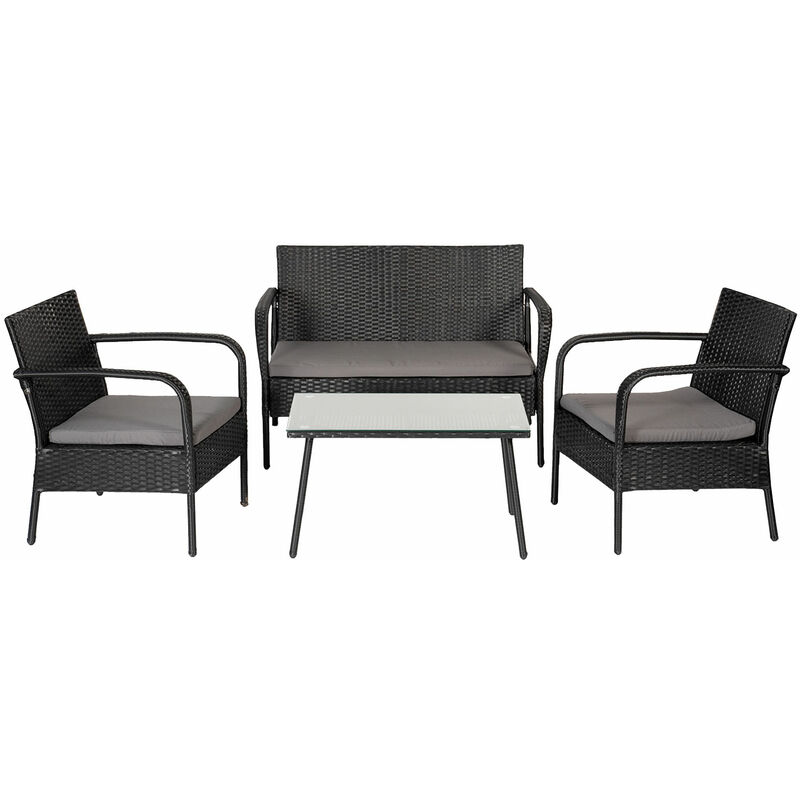 

Salón de jardín LIPARI en resina trenzada negra 4 plazas- cojines gris