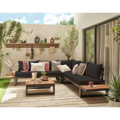 Salome - gartenmöbel für 5 personen + tisch - modulierbar - holz, metall und schwarze kissen - schwarz und holz