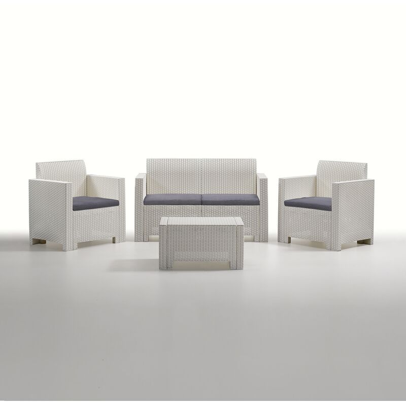 Salon Nebraska 2 blanc en re'sine effet polirotin compose' d'un canape' de deux fauteuils avec coussins et d'une table de jardin d'exte'rieur