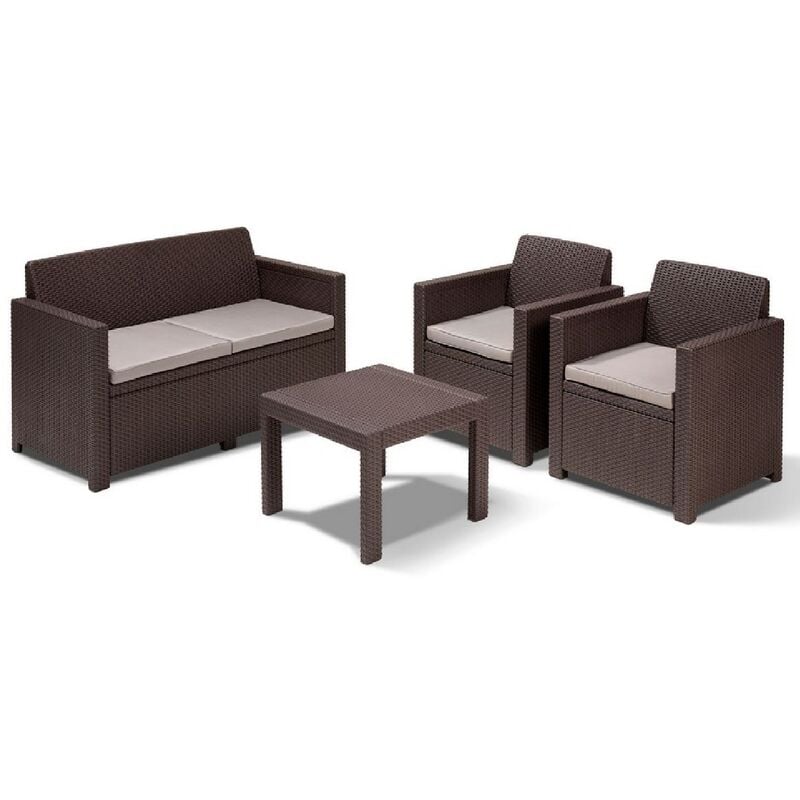 Salon Alabama en re'sine effet polirattan marron compose' d'un canape' de deux fauteuils et d'une table basse avec coussins de jardin exte'rieur