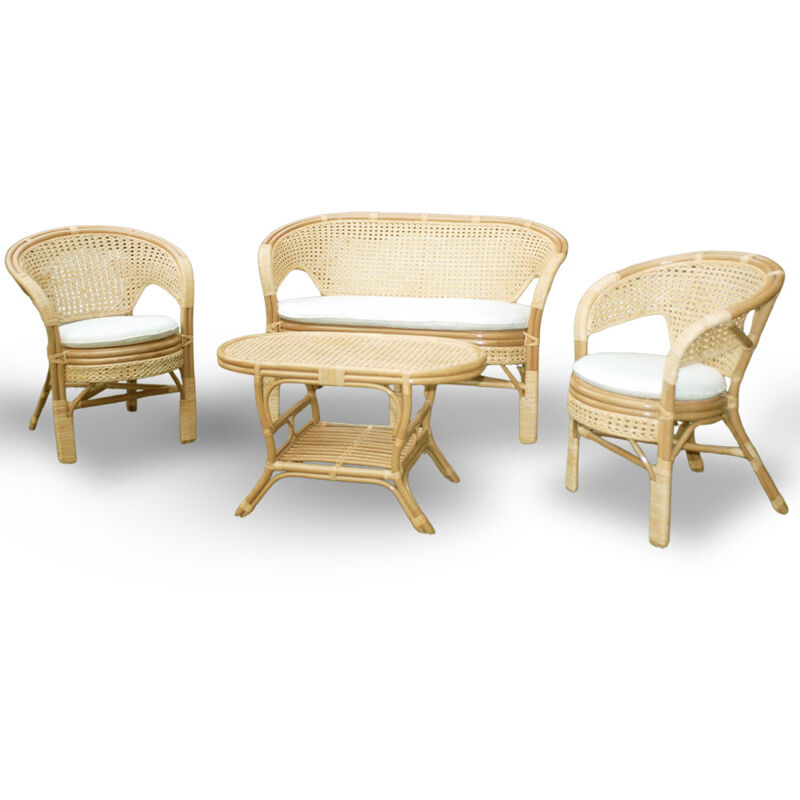 Salon Amanda avec 1 canapé, 2 fauteuils, 1 table en osier tressé