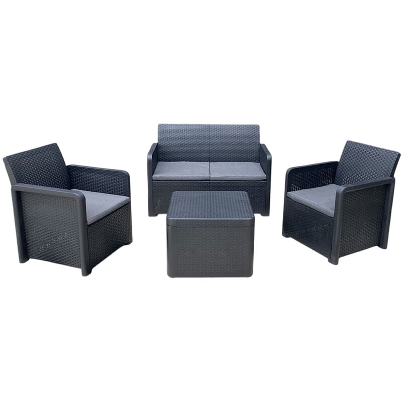 Salon bas de jardin de 4 personnes coloris gris anthracite ( 2 fauteuils, canapé, table basse coffre )