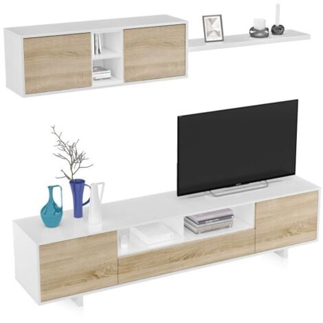 DUEHOME Mueble salón comedor modular diseño nórdico color blanco y roble 200x41 cm