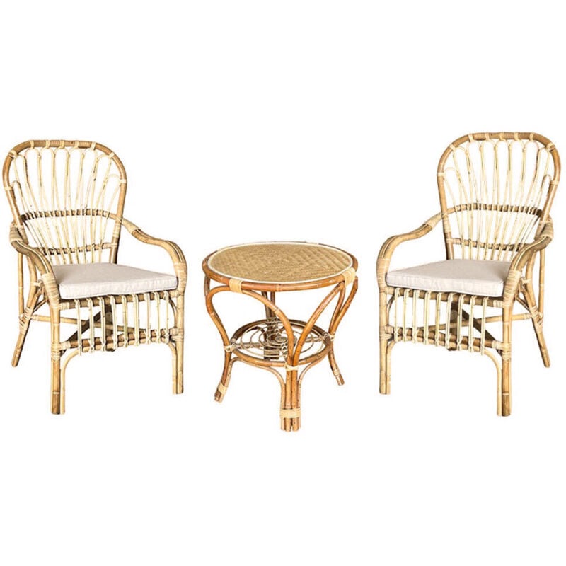 Salon Manao en bois de bambou 2 fauteuils et 1 table basse avec coussin gratuit