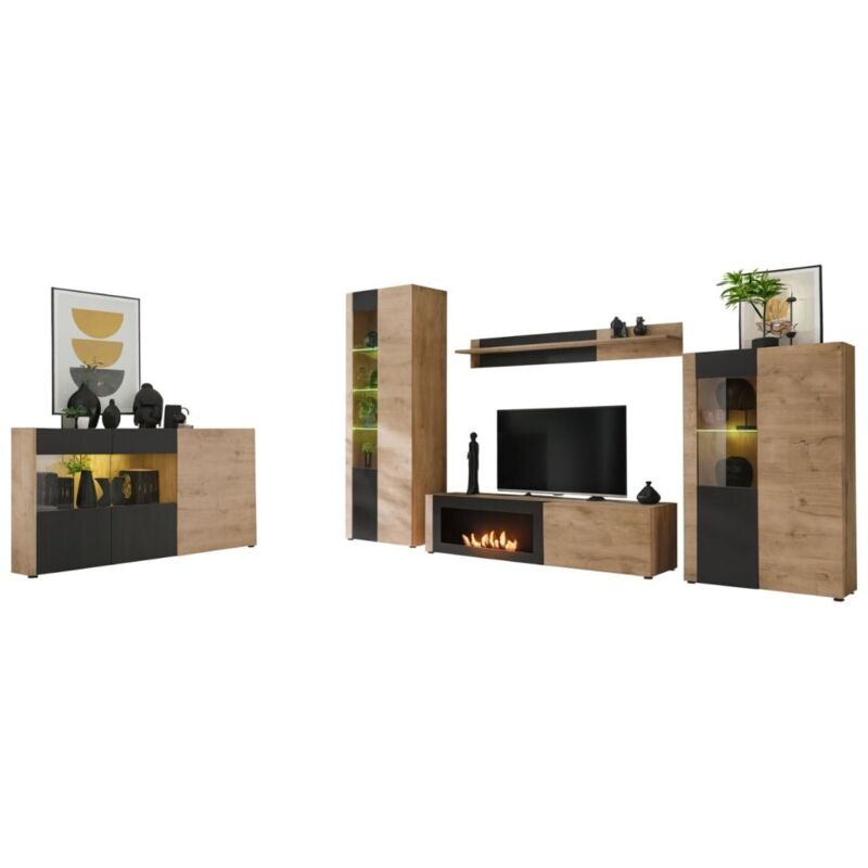 Meublorama – Salon complet DOUM – Buffet bas, meuble TV avec cheminée bio-éthanol, vitrine, buffet haut – Chêne clair et noir – 25 espaces de