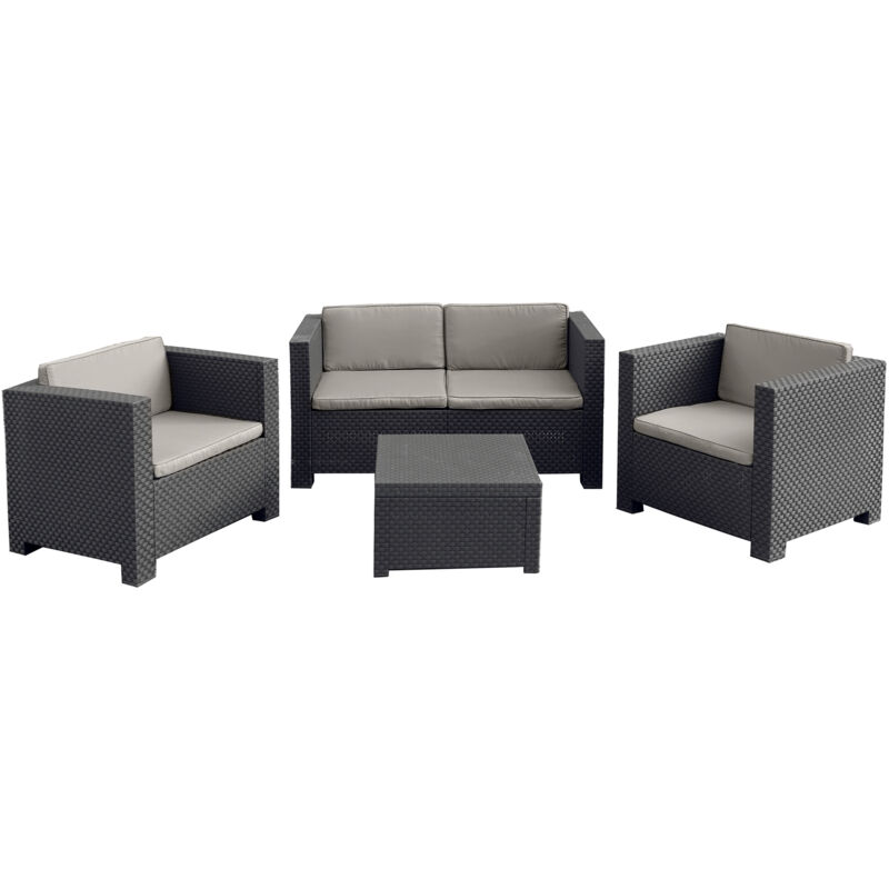 Ankara 4 coffre : Salon de jardin 4 places effet résine tressée gris anthracite + coffre