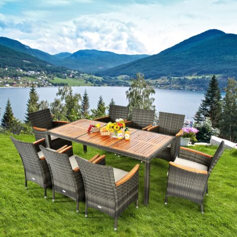 Salon de Jardin 1 Table 8 Chaises Bois Rotin Anti-UV Pieds Réglables Coussins Imperméables CW47271