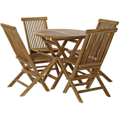Salon de Jardin 1 Table Ronde + 4 Chaises Teck Pliables