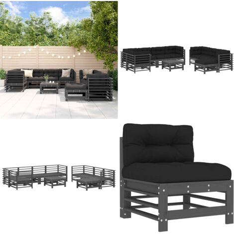 Salon de jardin 10 pcs avec coussins gris bois massif - Salon De Jardin - Mobilier De Jardin - Ensemble Salon - Meubles De Jardin - Bois Massif - Home & Living