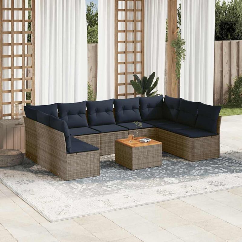 Salon de jardin 10 pcs avec coussins gris résine tressée Vidaxl