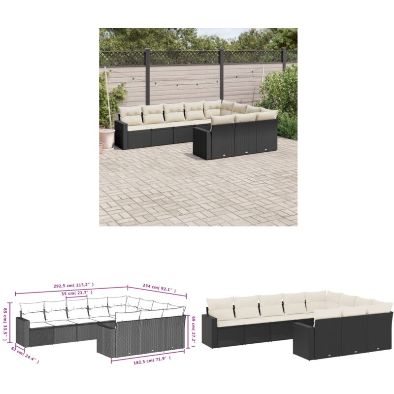 Salon de jardin 10 pcs avec coussins noir résine tressée - Canapé Jardin - Mobilier Extérieur - Set Salon De Jardin - Résine Tressée - Rotin