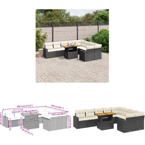 Salon de jardin 10 pcs avec coussins noir résine tressée - Ensemble Salon De Jardin - Meuble Extérieur - Jardin Design - Mobilier De Jardin - Chaise Longue - Home & Living