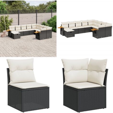 Salon de jardin 10 pcs avec coussins noir résine tressée - Ensemble Salon De Jardin - Meuble Extérieur - Jardin Design - Mobilier De Jardin - Chaise Longue - Home & Living