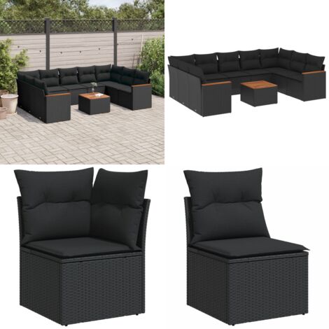 Salon de jardin 10 pcs avec coussins noir résine tressée - Ensemble Salon De Jardin - Mobilier De Jardin - Canapé Extérieur - Table De Jardin - Chaise Lounge - Home & Living