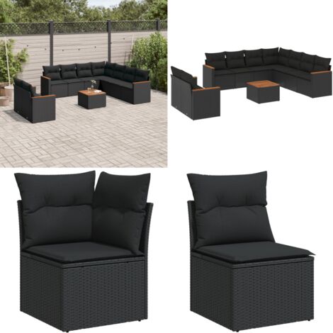 Salon de jardin 10 pcs avec coussins noir résine tressée - Ensemble Salon De Jardin - Mobilier Extérieur - Jardin Design - Chaise Longue - Set Salon - Home & Living