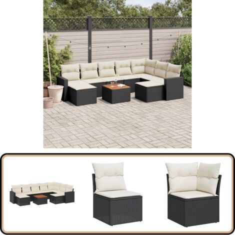 Salon de jardin 10 pcs avec coussins noir résine tressée - Ensemble Salon De Jardin - Mobilier Extérieur - Jardin Design - Chaise Lounge - Pouf Pliable
