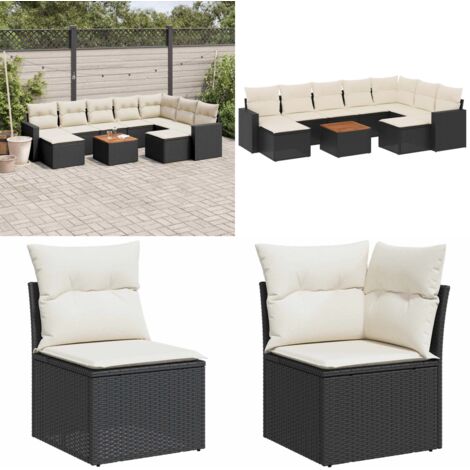 Salon de jardin 10 pcs avec coussins noir résine tressée - Ensemble Salon De Jardin - Mobilier Extérieur - Jardin Design - Chaise Lounge - Pouf Pliable - Home & Living