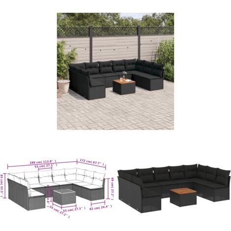 Salon de jardin 10 pcs avec coussins noir résine tressée - Salon De Jardin - Mobilier De Jardin - Salon Extérieur - Set De Salon - Chaise Longue - Home & Living