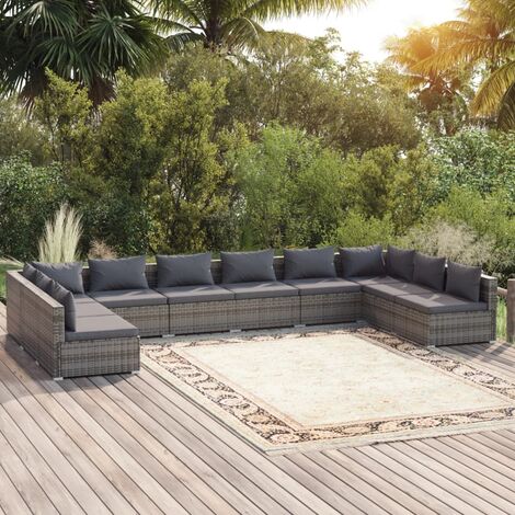 Salon de jardin 10 pcs avec coussins Résine tressée Gris