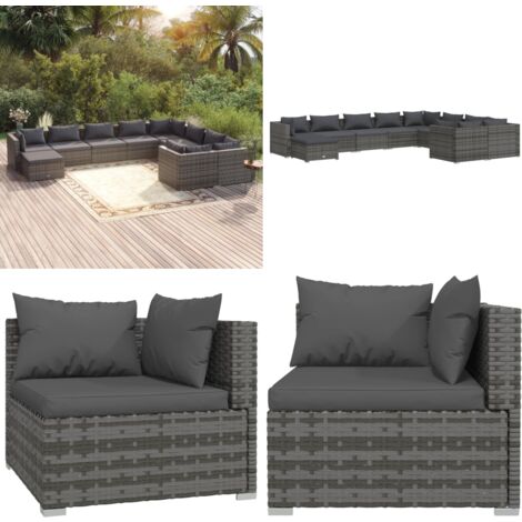 Salon de jardin 10 pcs avec coussins Résine tressée Gris - Salon De Jardin - Meuble De Jardin - Mobilier De Jardin - Set De Salon De Jardin - Rotin - Home & Living