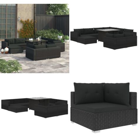 Salon de jardin 10 pcs avec coussins Résine tressée Noir - Canapé de jardin - Canapé en rotin