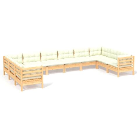 Salon de jardin 10 pcs Contemporain, Ensemble repas de jardin, avec coussins crème Bois de pin OIB1503E