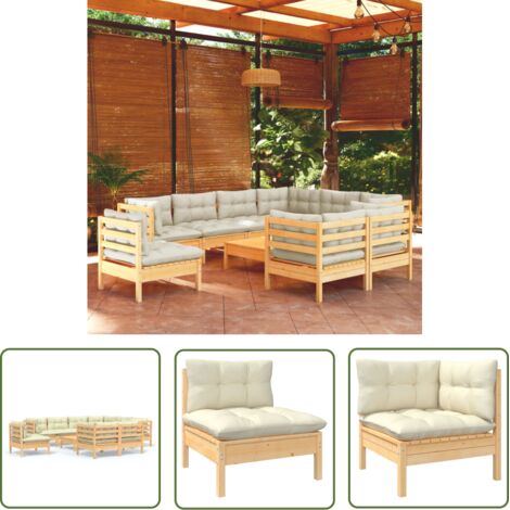 Salon de jardin 10 pcs Contemporain, Ensemble repas de jardin, avec coussins crème Bois de pin solide OIB7109E