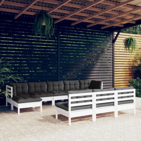 Salon de jardin 10 pcs Ensemble Table et Chaise de Jardin - avec coussins Blanc Bois de pin BV301008 - BonneVie