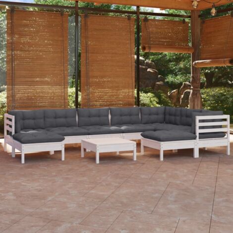 Salon de jardin 10 pcs Ensemble Table et Chaise de Jardin - avec coussins Blanc Bois de pin solide BV718285 - BonneVie